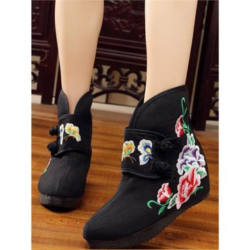 秋冬季棉靴老北京布鞋繡花鞋短靴民族風女靴內增高布靴中國風單靴