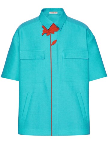 Valentino Garavani - flower-appliqué bowling shirt - men - Spandex/Elastane/Silk/Cupro/Virgin Wool/Cotton - 39 - Blue