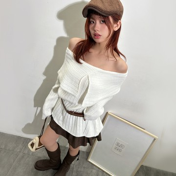 雙面穿一字領長版毛衣-白【KT224727】