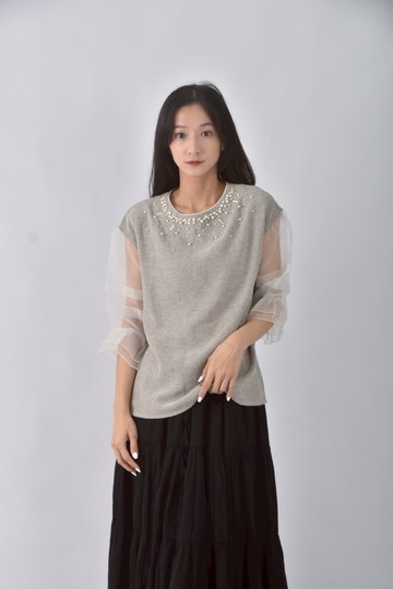 (M) 【德馨私服】質感珍珠灰色長袖上衣