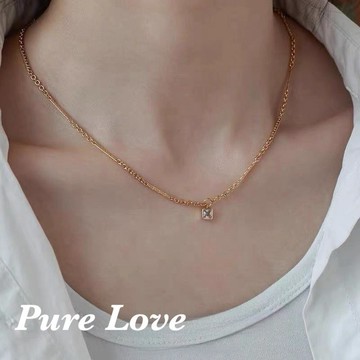 Pure Love樂芙 /正韓 高保色黃銅厚鍍18K金【黃銅】T00002小方塊鋯石不對稱鎖骨鏈 短項鏈 / 金