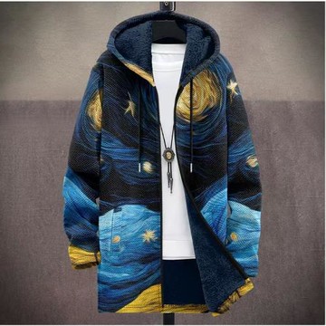 男士跨境外套冬季印花毛絨內襯加厚防風夾克長袖拉鏈時尚連帽寬松