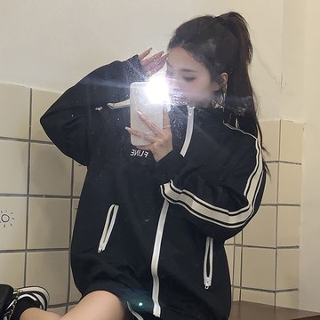 外衣女 長袖上衣 外套女 開衫女 棒球服外套 秋季韓版上衣 寬鬆外套 條紋撞色字母立領運動長袖衛衣女