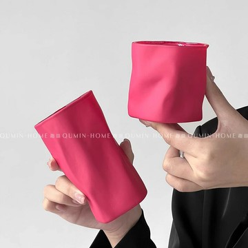 小眾復古玫紫色扭扭杯不規則玻璃杯拿鐵咖啡杯果汁冷飲杯牛奶杯
