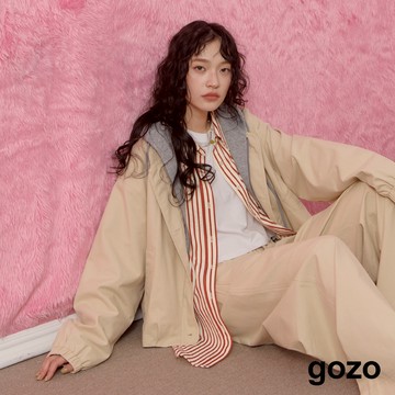 【gozo】天絲拼接異材質假兩件連帽外套(橄欖綠/淺卡其_F) | 女裝 連帽 休閒
