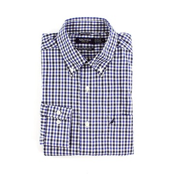美國百分百【全新真品】Nautica 襯衫 帆船牌 男衣 上班 長袖 休閒 格紋 深藍 白色 M L號 F709