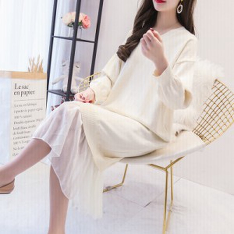 マタニティ ワンピース マタニティウエア ワンピース ミディ丈 ニットワンピース Vネック セーター レース レイヤード風 パープル 紫 白 通販 Lineポイント最大1 0 Get Lineショッピング