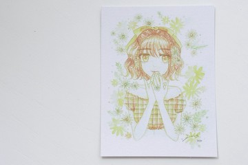 午夜的森林。花系少女手繪卡片 - 雛菊