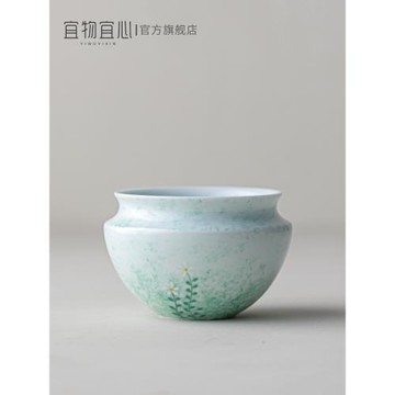 中式手繪蒹葭水盂陶瓷小茶洗復古建水家用杯洗功夫茶具茶道配件