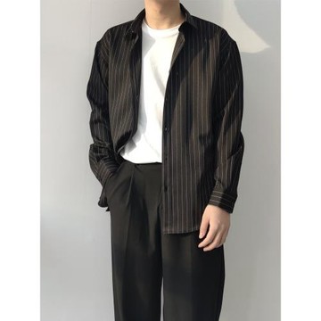 精致黑白條紋男士寬松長袖襯衫韓版休閑帥氣質港風日系潮文藝外套