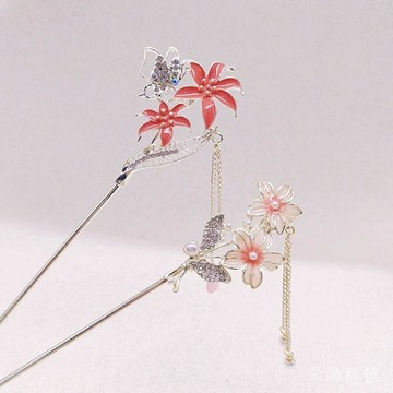 古風滴油雙花髮簪 高級感 水鑽簪子 流蘇步搖 新中式漢服盤髮髮飾髮釵
