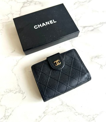 Chanel黑色魚子醬皮革中夾 皮夾 錢包 短夾 中古包 二手包 古董包