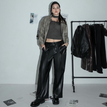 酷辣皮革車線直筒長寬褲