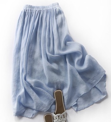 百搭飄逸長裙 內襯款 亞麻裙 淺藍色 190713-2