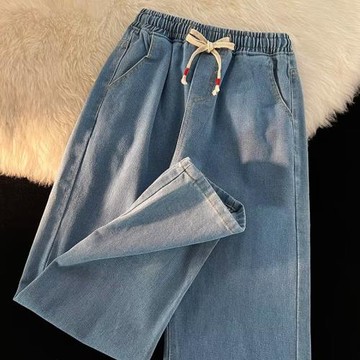 牛仔褲男潮牌系繩直筒寬松休閑長褲秋季潮流港風復古闊腿褲子