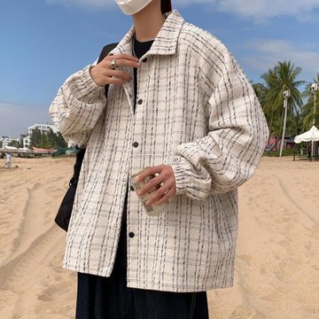 小香風格子外套男春秋潮流寬松翻領夾克2024新款青少年休閑上衣服