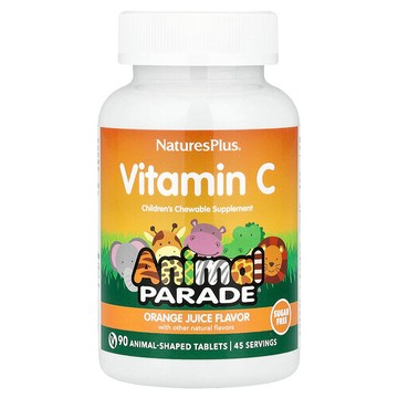 NaturesPlus, Animal Parade，兒童維生素 C 咀嚼補充劑，橙汁，無糖，90 片動物狀片劑