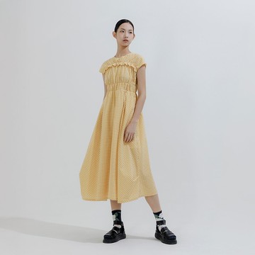 小方格收腰長洋裝