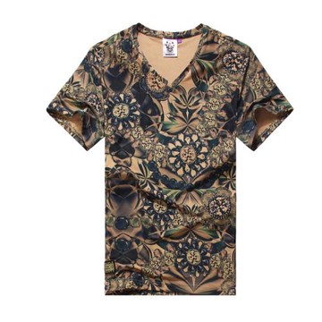 冰絲棉短袖T恤男夏季潮玫瑰印花發型師潮梵花V領大碼修身男士體恤