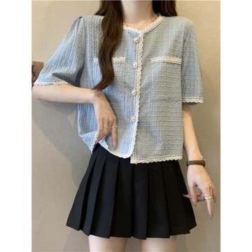 小香風夏季蕾絲花邊胖MM短袖襯衫