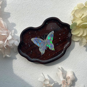 天然碎貝殼蝴蝶木擺設碟子