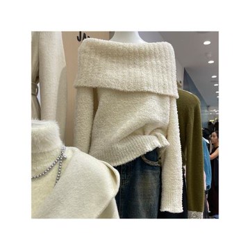 十三行設計感小眾杏色一字肩長袖針織衫女裝秋冬法式辣妹毛衣上衣