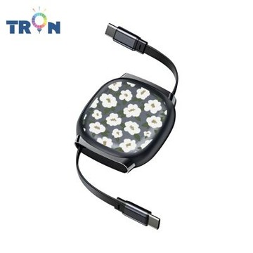 TRON 100W Type-C 伸縮快充線 1M 鈦黑色 平塗手繪大花卉-1 4檔長度調整 可充筆電 適用i15以上手機 平板