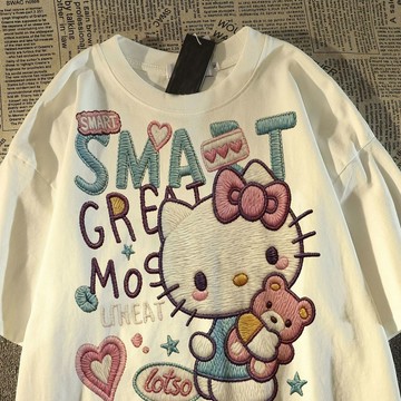 ⭐臺灣出貨⭐100%棉美式趣味卡通kitty貓印花短袖T恤男女寬鬆夏季高街百搭上衣
