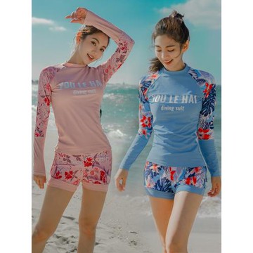 2024年泡溫泉泳衣女保守學生分體顯瘦遮肚裙式防曬長袖三件套泳裝