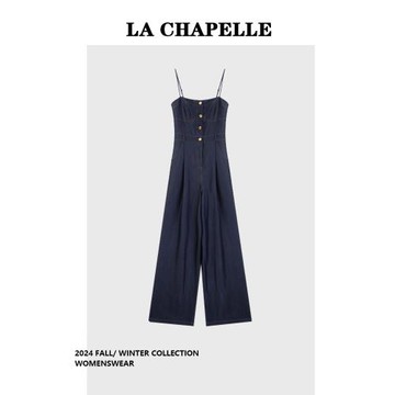 拉夏貝爾復古牛仔吊帶直筒連體褲女韓版百搭修身連體衣女春夏新款