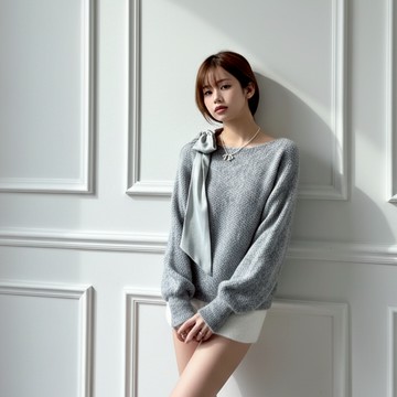 肩綁蝴蝶結寬鬆毛衣-灰【KT224787】