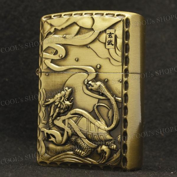 四神 リューター加工 デザイン オイルライター ZIPPO 同型 Jantai 霊獣 聖獣 和柄 和彫り 白虎 青龍 朱雀 玄武 ゴールド 送料無料