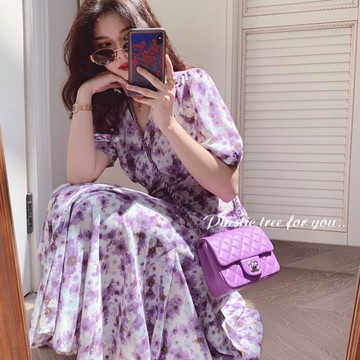 小個子網紅連衣裙2022新款法式大擺魚尾荷葉邊泡泡袖顯瘦收腰裙子