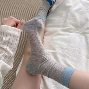 韓版ins風拼色中筒襪子 無骨襪 春夏季薄款鏤空中筒襪 堆堆棉襪 女生襪子 潮襪 百搭