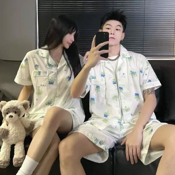 買一送一情侶睡衣女夏季短袖網紅風三眼仔男士薄款夏天家居服套裝