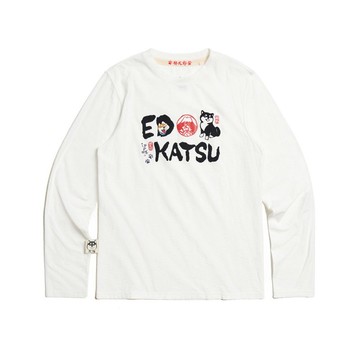 江戶勝 日系 男裝 勝太郎字體長袖T恤(米白色) #上衣#勝太郎