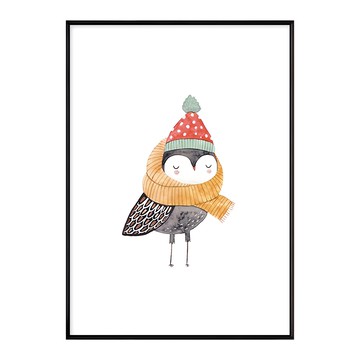 聖誕節來的小鳥 戴帽子圍巾裝飾畫  70 x 50cm  黑色