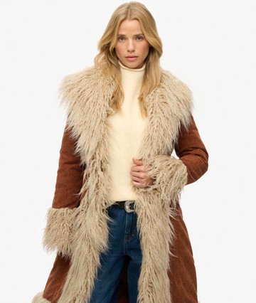 Superdry Women's Long Afghan Coat Brown Size: 4