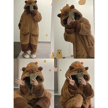 名創優品✨居家睡衣 女冬季睡衣 珊瑚絨睡衣 睡袍套裝 水豚睡衣 女浴袍 居家服 連體睡衣 不穿內衣 毛絨睡衣懶人睡衣