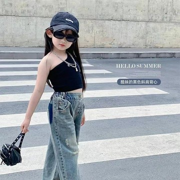 🎀biubiu童裝🎀2023夏季黑色斜肩小背心網紅女童可愛新款無袖洋氣潮抹胸上衣童裝