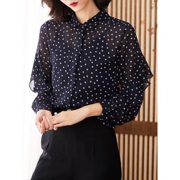 波點雪紡襯衫女長袖春裝新款百搭寬松荷葉邊碎花襯衣時尚洋氣上衣
