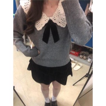 灰色娃娃領鉤花蝴蝶結針織衫女2025秋冬季新款寬松小眾毛衣上衣厚