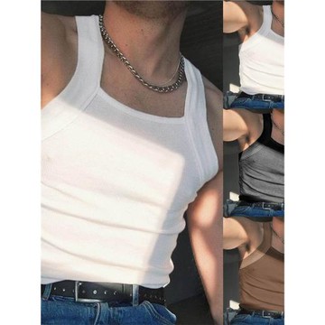 2025夏季純色時尚無袖打底衫歐美男士性感緊身背心上衣Men's vest
