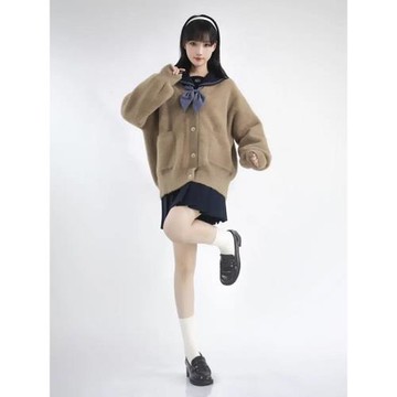 秋冬款仿水貂絨JK針織衫開衫寬松百搭慵懶風長袖外套高級感毛衣女