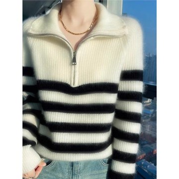 半拉鏈撞色條紋高領毛衣打底衫女內搭加厚秋冬季保暖翻領外穿上衣