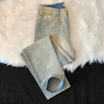 歐美復古黃泥潑墨牛仔長褲男士韓版潮流水洗中腰直筒寬松闊腿褲子