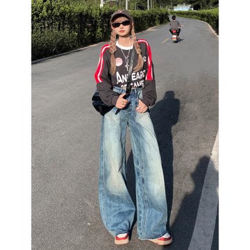 AIG美式高腰闊腿牛仔褲女2025秋冬復古水洗寬松設計感鐮刀褲子潮
