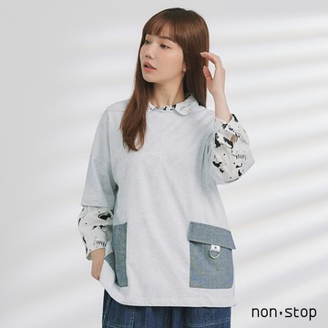 non-stop 花仔刺繡貼袋寬版T恤-2色