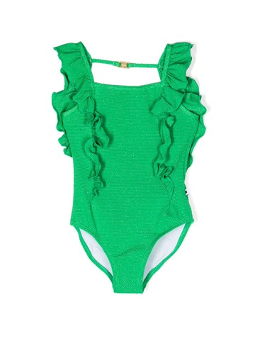Molo - ruffled metallic-effect swimsuit - kids - Metallic Fibre/Elastane/Nylon - 128 - Green