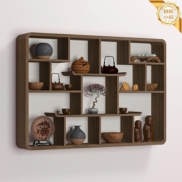 【中式實木】博古架 壁掛置物架 多寶閣 茶架 牆上裝飾架 免打孔安裝 茶具展示架 茶杯收納 客廳玄關背景牆